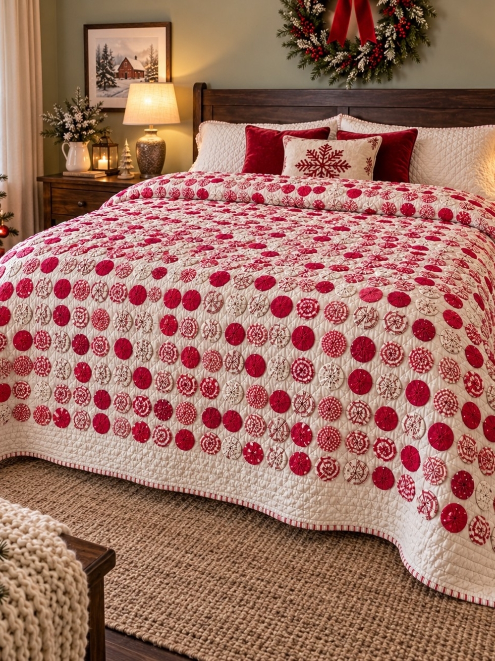Handmade King Size Yo-Yo Quilt Red White Cotton Farmhouse Christmas 92x104